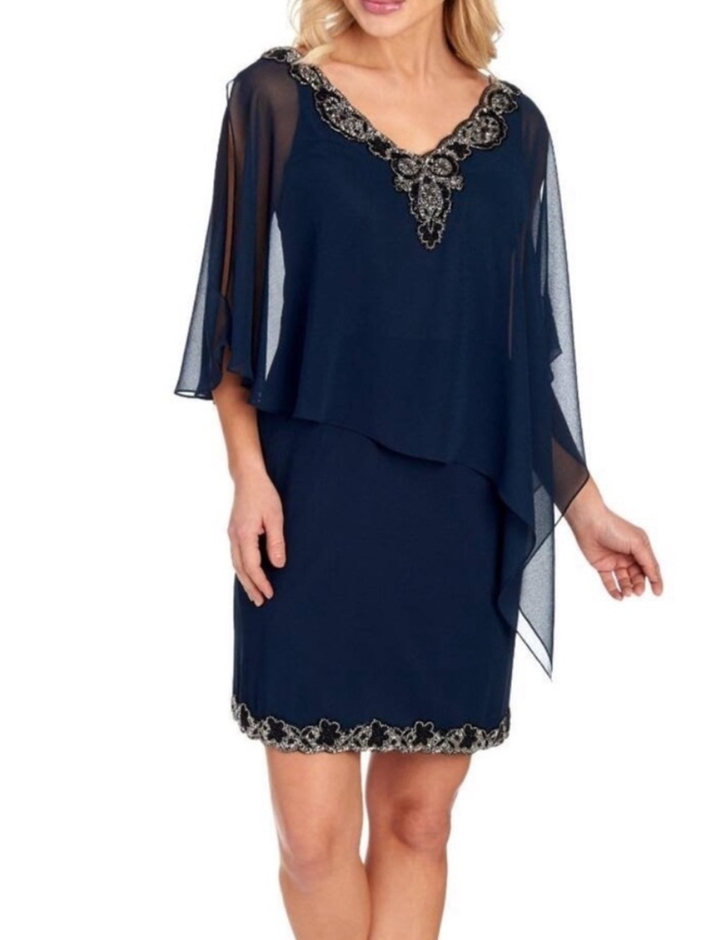 J Kara Navy Beaded Cocktail Dress